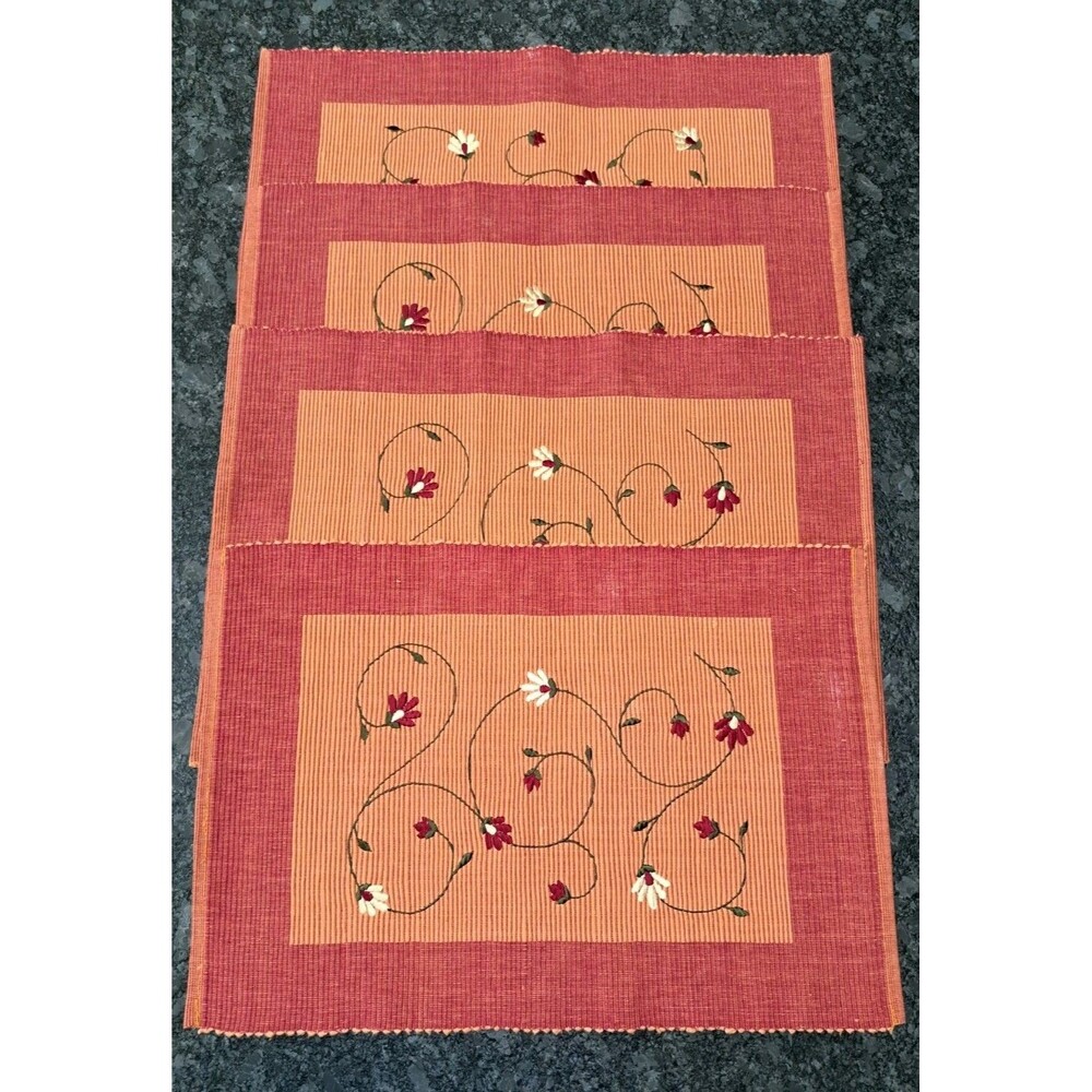 Coral Red & Orange Floral Embroidered Cloth Placemats Lot of 4
